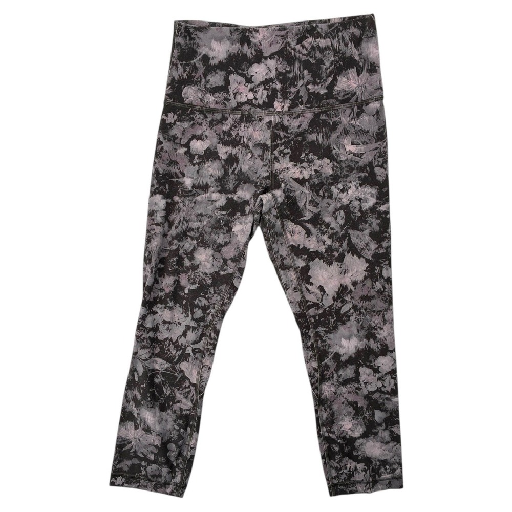 Lululemon Cropped‎ Leggings Size 6 Black Gray Floral High Rise Yoga Run EUC